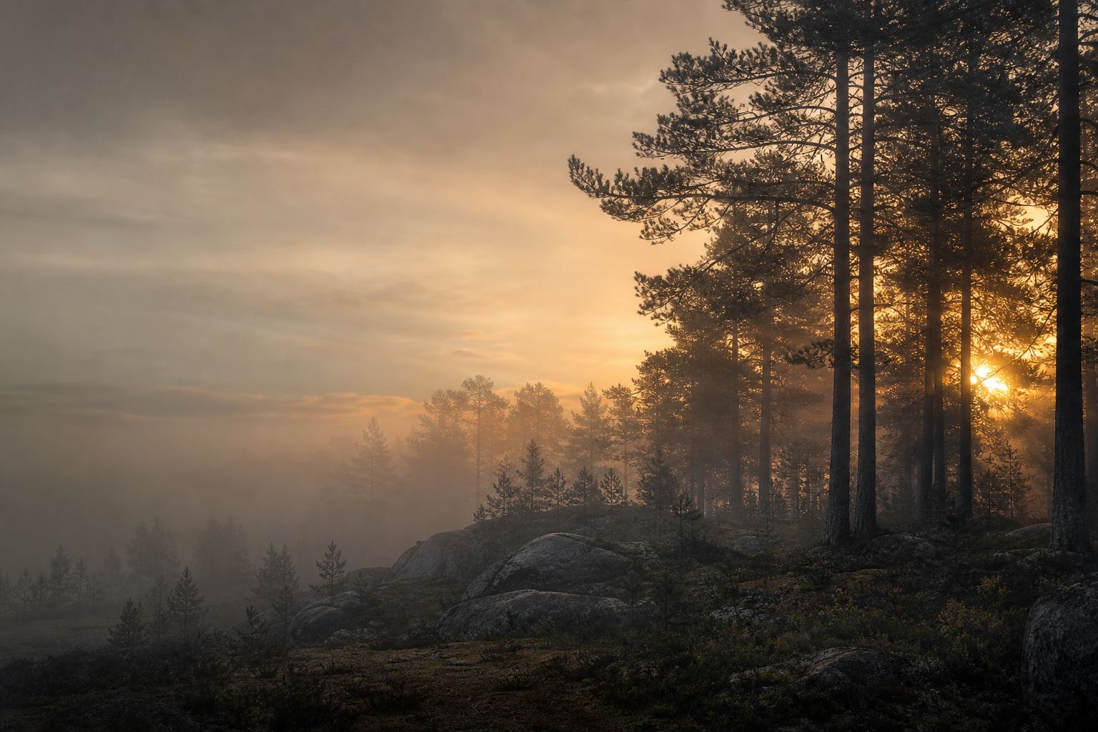 Misty pine forest at dawn